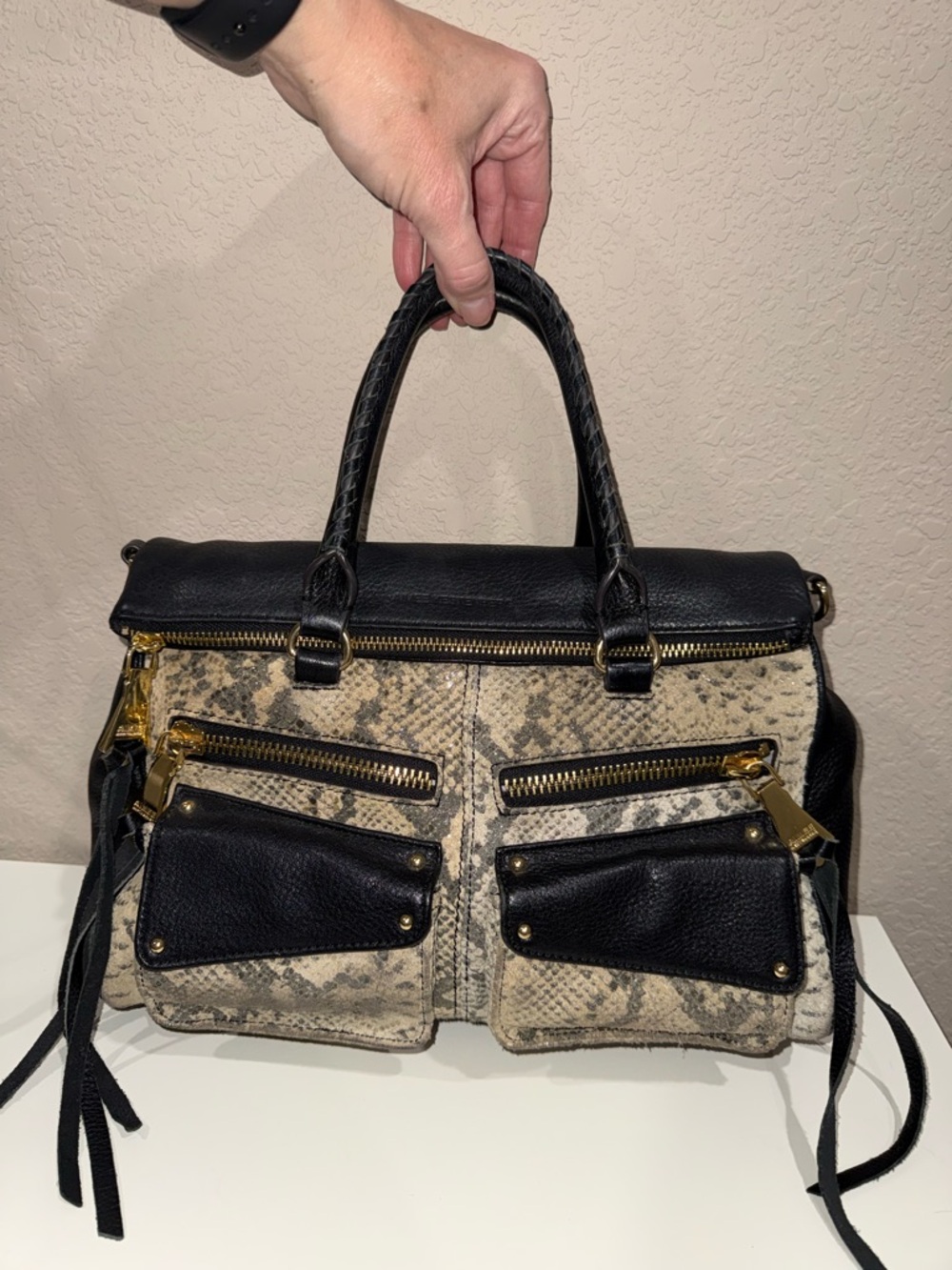 Aimee Kestenberg Black and Beige Snake-Print Satchel with Gold Hardware